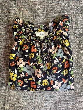 The Great Floral Silk Peasant Blouse Oversized Long Sleeves Raglan 1 S Navy Top